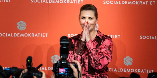 Denmark's Prime Minister and head of the the Social Democratic Party Mette Frederiksen speaks during the country's general election night at the party in Copenhagen, Denmark, Tuesday, Nov. 1, 2022.