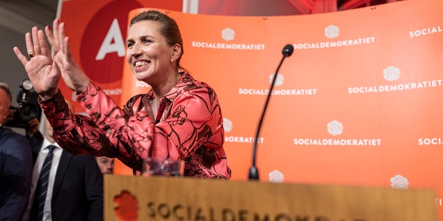 Danish Prime Minister and head of the Social Democratic Party Mette Frederiksen speaks during the night of the country's general election to the party in Copenhagen, Denmark on Tuesday, November 1, 2022.