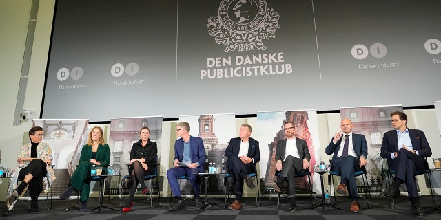 Participants, including Danish Prime Minister and Social Democratic Party head Mette Frederiksen, third from left, participate in traditional post-election debates in Copenhagen, Denmark on Wednesday, November 2, 2022. Voters in Greenland secured the last two seats necessary for Prime Minister Mette Frederiksen's center-left bloc to win the general election in Denmark.