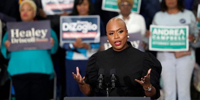 Rep. Ayanna Pressley, D-Mass., speaks during a campaign rally in support of the statewide Massachusetts Democratic ticket, Wednesday, Nov. 2, 2022, in Boston. (AP Photo/Mary Schwalm)