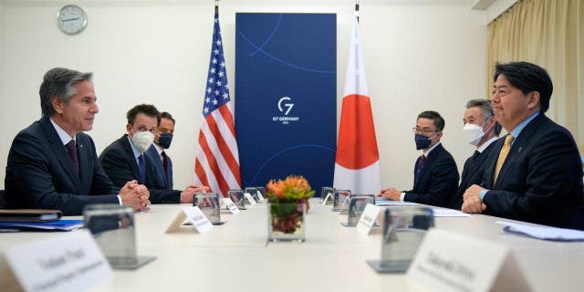 U.S. Secretary of State Antony Blinken, right, and Japanese Foreign Minister Yoshimasa Hayashi, right, meet for bilateral talks at the G7 foreign ministers' meeting in Münster, Germany, Friday, Nov. 4, 2022.