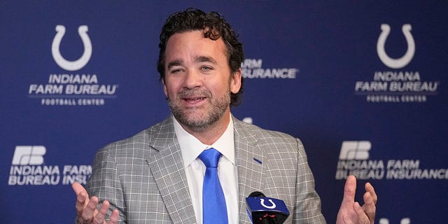 Indianapolis Colts interim coach Jeff Saturday speaks during a news conference at the NFL football team's practice facility Monday, Nov. 7, 2022, in Indianapolis. 