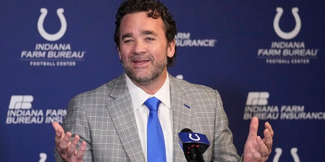 Indianapolis Colts interim coach Jeff Saturday speaks during a news conference at the NFL football team's practice facility Monday, Nov. 7, 2022, in Indianapolis. 