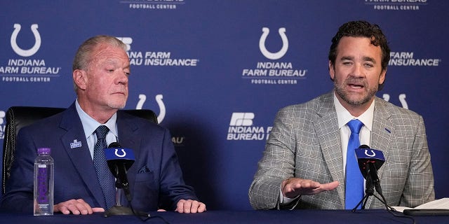 Indianapolis Colts interim coach Jeff Saturday speaks as owner Jim Irsay listens during a news conference at the NFL football team's practice facility Monday, Nov. 7, 2022, in Indianapolis. 