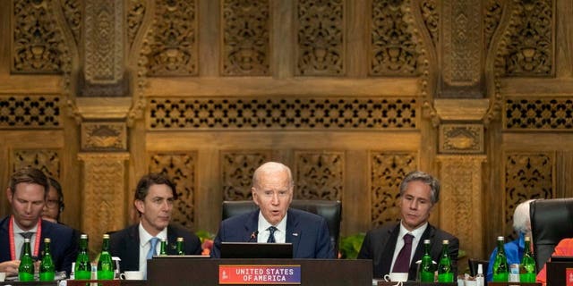 President Biden, center, speaks during the Commission on the Partnership for Global and Infrastructure Investment meeting at the G20 summit, Tuesday, Nov. 15, 2022, in Nusa Dua, Bali, Indonesia.