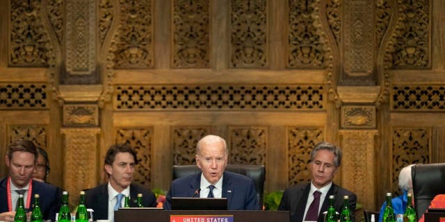 President Biden, center, speaks during the Commission on the Partnership for Global and Infrastructure Investment meeting at the G20 summit, Tuesday, Nov. 15, 2022, in Nusa Dua, Bali, Indonesia.