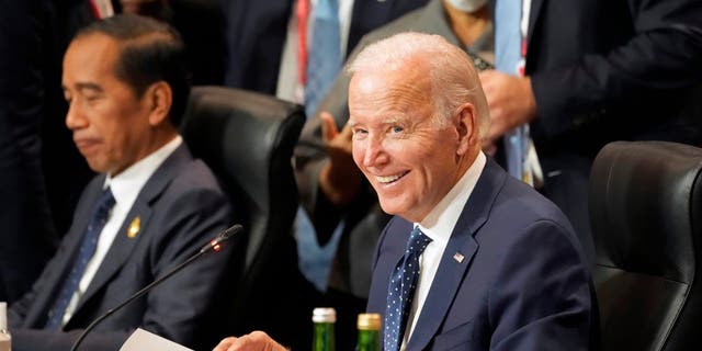 Seated next to Indonesian President Joao Widodo, President Biden smiles during the Partnership for Global Infrastructure and Investment meeting at the G-20 summit, Tuesday, November 15, 2022, in Nusa Dua, Bali, Indonesia.