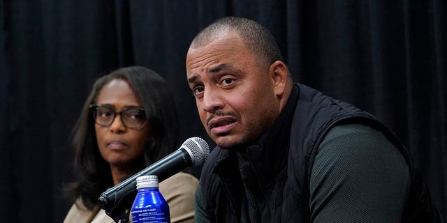 University of Virginia Athletic Director Carla Williams, left, and head football coach, Tony Elliott, right, speak to the media during a press conference concerning the killing of three football players as well as the wounding of two others at the University of Virginia Tuesday Nov. 15, 2022, in Charlottesville.