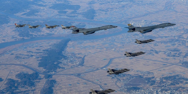 Two U.S. Air Force B-1B bombers, four South Korean Air Force F-35 fighter jets and four U.S. Air Force F-16 fighter jets fly over the South Korean peninsula Nov. 5, 2022. North Korea made threats on Thursday Nov. 17 2022. 2022.
