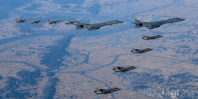 Two U.S. Air Force B-1B bombers, four South Korean Air Force F-35 fighter jets and four US Air Force F-16 fighter jets fly over South Korea Peninsula on Nov. 5, 2022. North Korea threatened Thursday, Nov. 17, 2022.