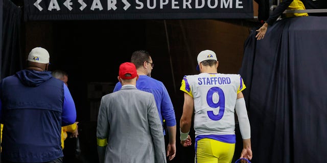 Los Angeles Rams quarterback Matthew Stafford leaves the field in the second half of a game against the New Orleans Saints in New Orleans Nov. 20, 2022.