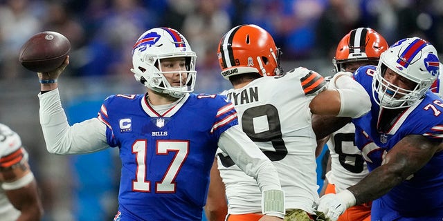 Buffalo Bills quarterback Josh Allen throws during the second half of an NFL football game against the Cleveland Browns, Sunday, Nov. 20, 2022, in Detroit. 