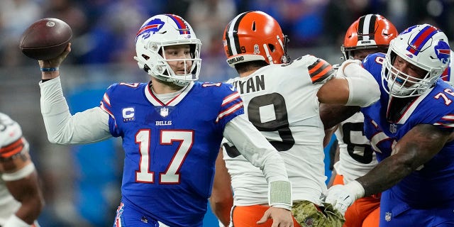 Buffalo Bills quarterback Josh Allen throws during the second half of an NFL football game against the Cleveland Browns, Sunday, Nov. 20, 2022, in Detroit.