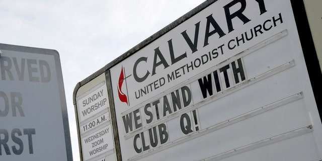 A sign at the Calvary United Methodist Church about a mile from Club Q in Colorado Springs, Colo., on Wednesday, Nov. 23, 2022. 