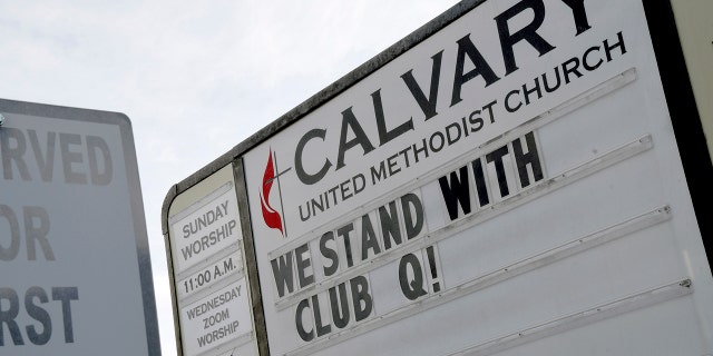 A sign at the Calvary United Methodist Church about a mile from Club Q in Colorado Springs, Colo., on Wednesday, Nov. 23, 2022. 