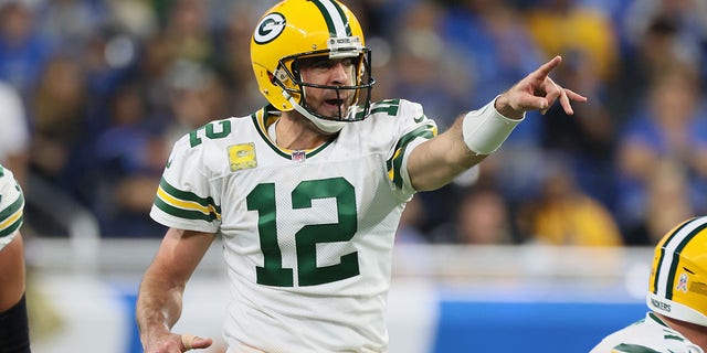 Green Bay Packers quarterback Aaron Rodgers, #12, gestures for a play during an NFL football game between the Detroit Lions and the Green Bay Packers in Detroit on Sunday, Nov. 6, 2022.