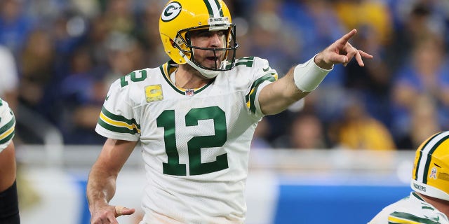 Green Bay Packers quarterback Aaron Rodgers, #12, gestures before a play during an NFL football game between the Detroit Lions and the Green Bay Packers in Detroit on Sunday, Nov. 6, 2022.