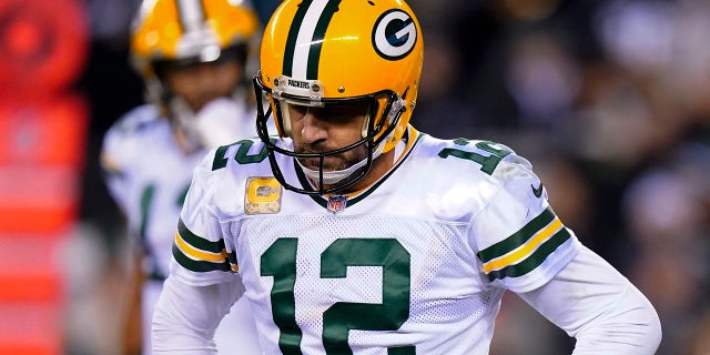 Green Bay Packers quarterback Aaron Rodgers reacts during the second half of an NFL football game against the Philadelphia Eagles, Sunday, Nov. 27, 2022, in Philadelphia.