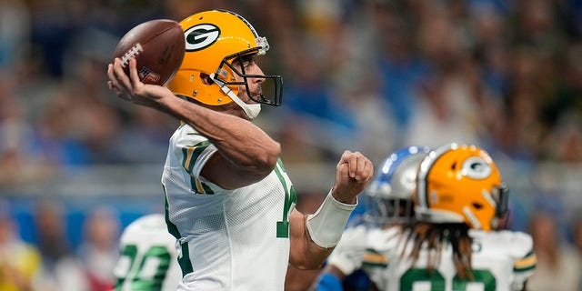Green Bay Packers quarterback Aaron Rodgers throws during the first half against the Detroit Lions, Nov. 6, 2022, in Detroit.
