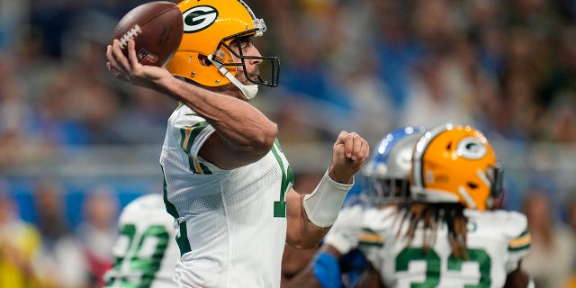 Green Bay Packers quarterback Aaron Rodgers throws during the first half against the Detroit Lions, Nov. 6, 2022, in Detroit.