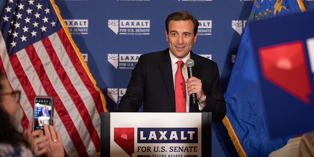 Adam Laxalt speaks to a crowd at an election night event on June 14, 2022 in Reno, Nevada. The Nevada primary is attracting national attention as Republican Senate candidates prepare to challenge incumbent U.S. Sen. Catherine Cortez-Masto (D-NV) in November. 