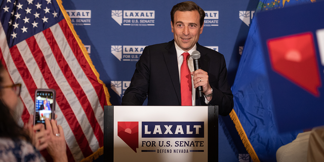 Adam Laxalt speaks to a crowd at an election night event on June 14, 2022 in Reno, Nevada. The Nevada primary is attracting national attention as Republican Senate candidates prepare to challenge incumbent U.S. Sen. Catherine Cortez-Masto (D-NV) in November.