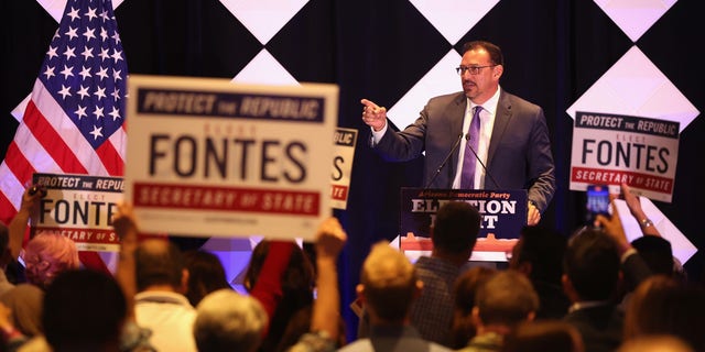 Adrian Fontes, Democratic candidate for Arizona secretary of state speaks at an election night watch party at the Renaissance Phoenix Downtown Hotel on Nov. 8, 2022 in Phoenix.  