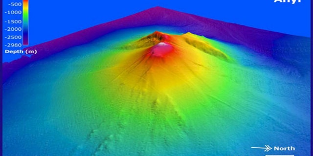 Ahyi submarine volcano is seen in a bathymetric view looking from the Northeast with two times vertical exaggeration. It rises to within about 150 meters of the sea surface about 18 kilometers southeast of the island of Farallon de Pajaros (Uracas) in the northern Marianas. Water discoloration has been observed over the volcano and an explosive eruption was seismically detected in April 2001.