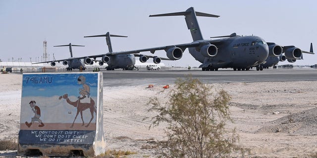 A general view shows U.S. Air Force C-17 Globemaster aircraft at Al Udeid Air Base in Doha, Qatar.