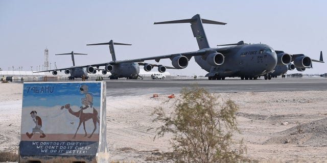 A general view shows U.S. Air Force C-17 Globemaster aircraft at Al Udeid Air Base in Doha, Qatar.