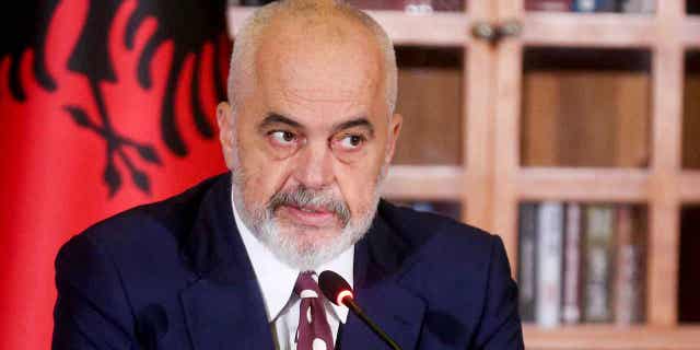 Albania's Prime Minister Edi Rama speaking at a news conference about Britain's "calculated attack" on his country. Rama is referring to how his country is being blamed for the increased number of migrants crossing the English Channel.
