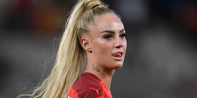 Alisha Lehmann in action during the FIFA Women's World Cup 2023 Qualifier group G match between Romania and Switzerland at Stadionul National de Rugby Arcul de Triumf on April 8, 2022 in Bucharest, Romania.