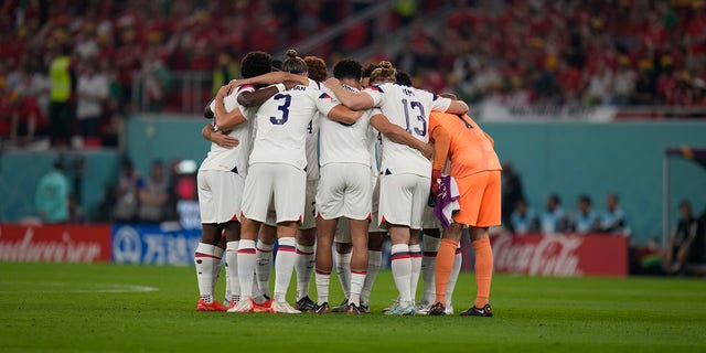 American players huddle before the World Cup, group B soccer match between the United States and Wales, at the Ahmad Bin Ali Stadium in in Doha, Qatar, Monday, Nov. 21, 2022. 