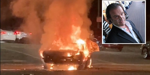 Bullo's Mustang was completely engulfed in flames.