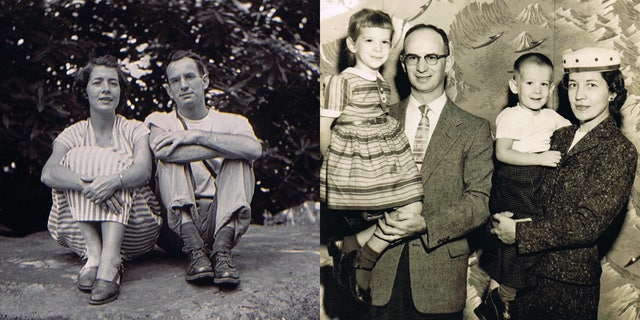 Left: Andy Andrews and his wife, Hellon, in 1949; right: Andy and Hellon with their children, Sarah and Al, in the 1950s.