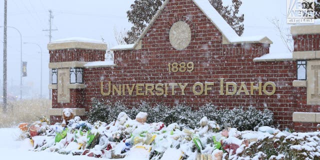 A memorial for the slain students at the University of Idaho, Monday, Nov. 28, 2022, is covered in snow. The memorial is in honor of the victims of a quadruple homicide involving in an off-campus home on Nov. 13.