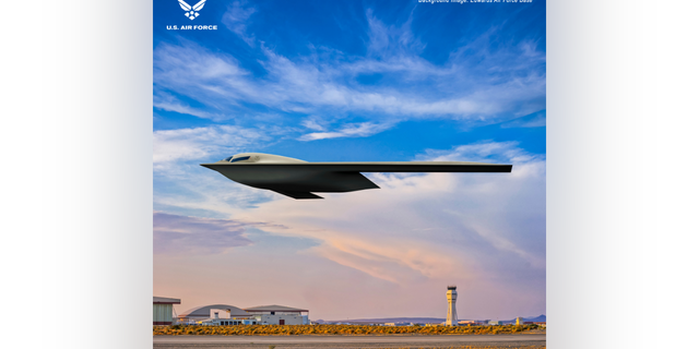 An artist rendering of the proposed B-21 Raider jet above Edwards Air Force Base in California.