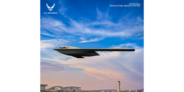 An artist rendering of the proposed B-21 Raider jet above Edwards Air Force Base in California.