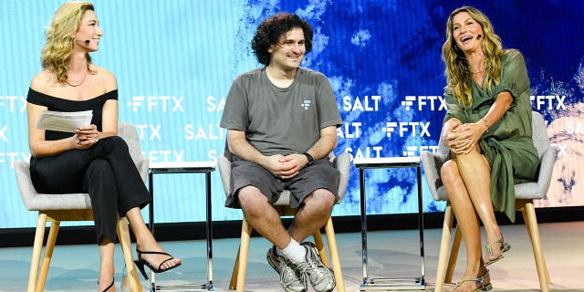 (L-R) Lauren Remington Platt, Sam Bankman-Fried, Gisele Bündchen appear at the FTX Salt Crypto Bahamas conference Wed, April 27, 2022.