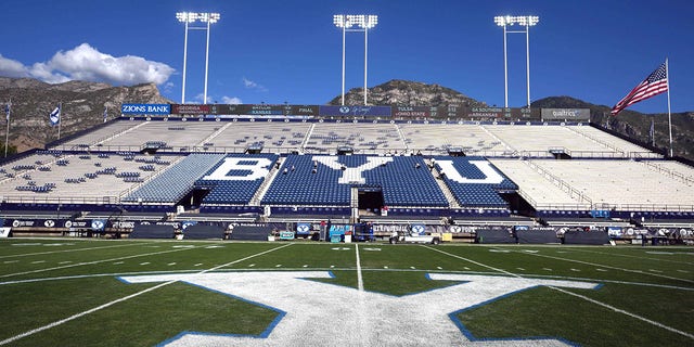 Sep 18, 2021; Provo, Utah, USA; A general overall view of the BYU Cougars Y logo at LaVell Edwards Stadium. 