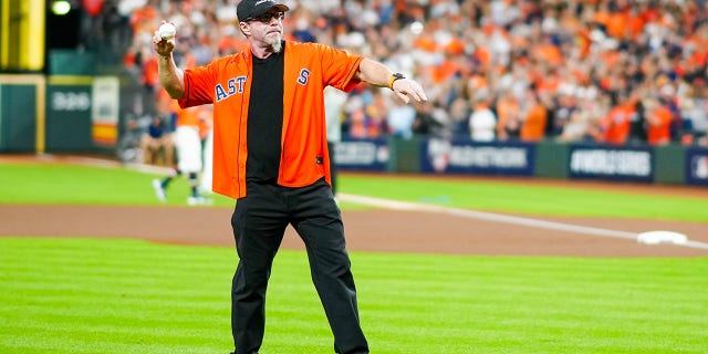 Former Houston Astros player Jeff Bagwell throws out the ceremonial first pitch before Game 2 of the World Series against the Atlanta Braves at Minute Maid Park on Oct. 27, 2021, in Houston.