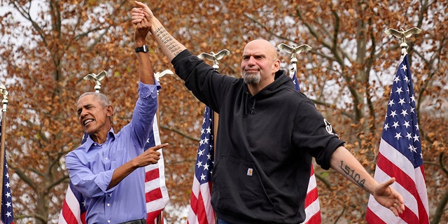 Former President Obama, left, and John Fetterman on the campaign trail in 2022.