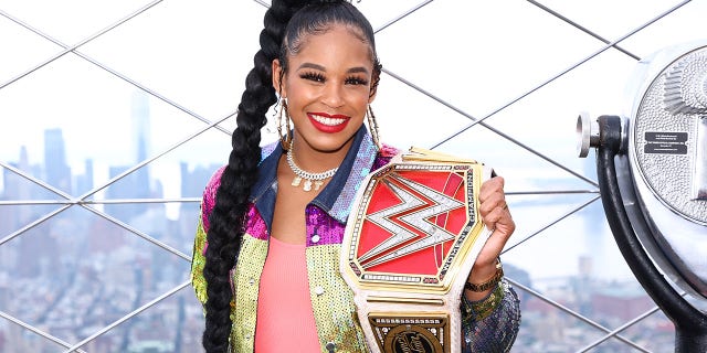 Bianca Belair Visits the Empire State Building at The Empire State Building on July 25, 2022 in New York City.
