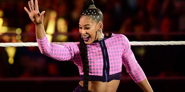 Bianca Belair enters the arena during WWE Raw at Barclays Center in Brooklyn, New York, on Nov. 22, 2021.