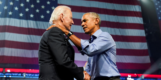 President Biden and former President Barack Obama attend a campaign event together.
