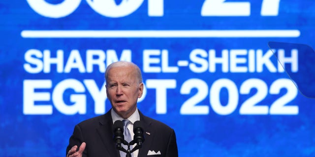 President Joe Biden speaks at the U.N. climate conference on Nov. 11, 2022, in Sharm El Sheikh, Egypt.