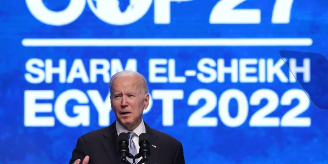 President Joe Biden speaks at the U.N. climate conference on Nov. 11, 2022, in Sharm El Sheikh, Egypt.