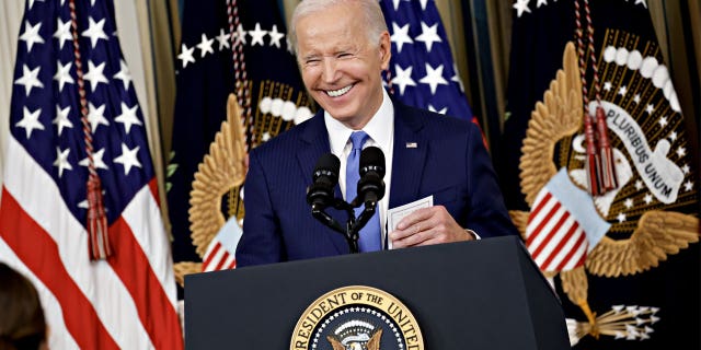 US President Joe Biden smiles during a news conference in the State Dining Room of the White House in Washington, DC, US, on Wednesday, Nov. 9, 2022. 