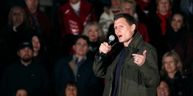 Arizona Republican Senate candidate Blake Masters speaks at a rally on Nov. 7, 2022, in Prescott, Arizona.