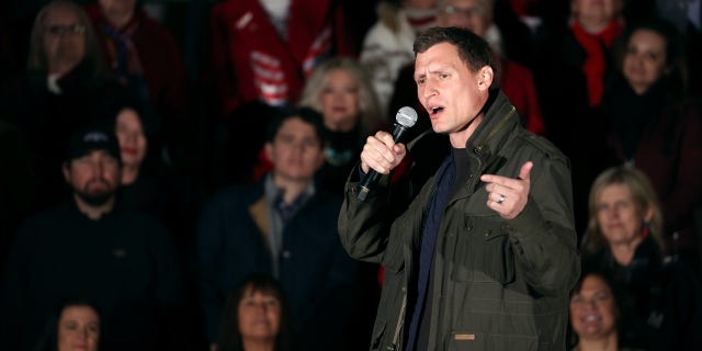 Arizona Republican Senate candidate Blake Masters speaks at a rally on Nov. 7, 2022, in Prescott, Arizona.